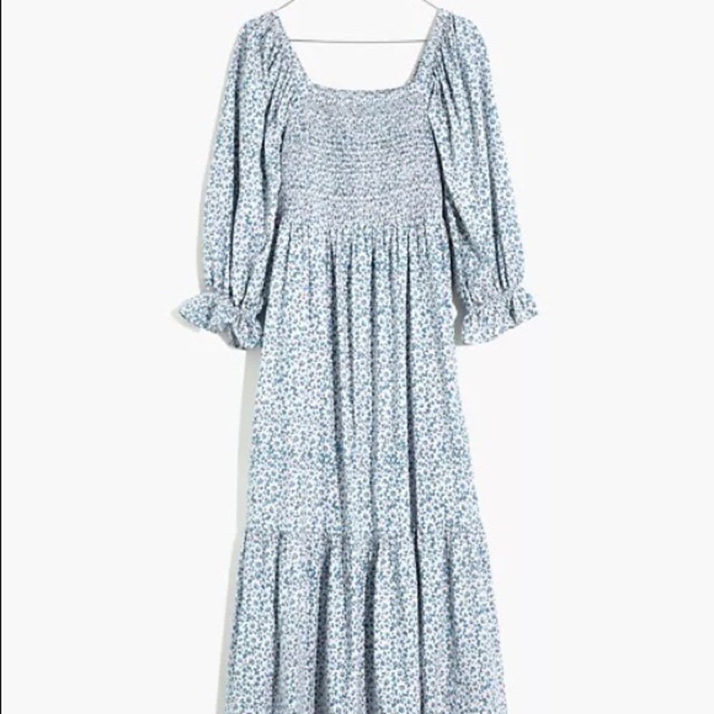 Lucie Elbow-Sleeve Smocked Midi Dress in Sunflower Field large